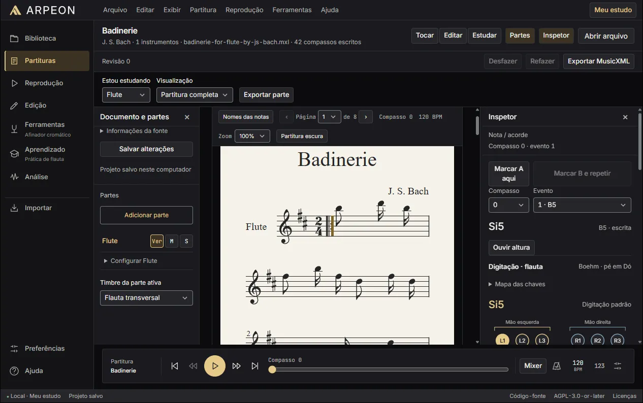 ARPEON score editor with the Badinerie, the note inspector and the flute fingering for the selected note