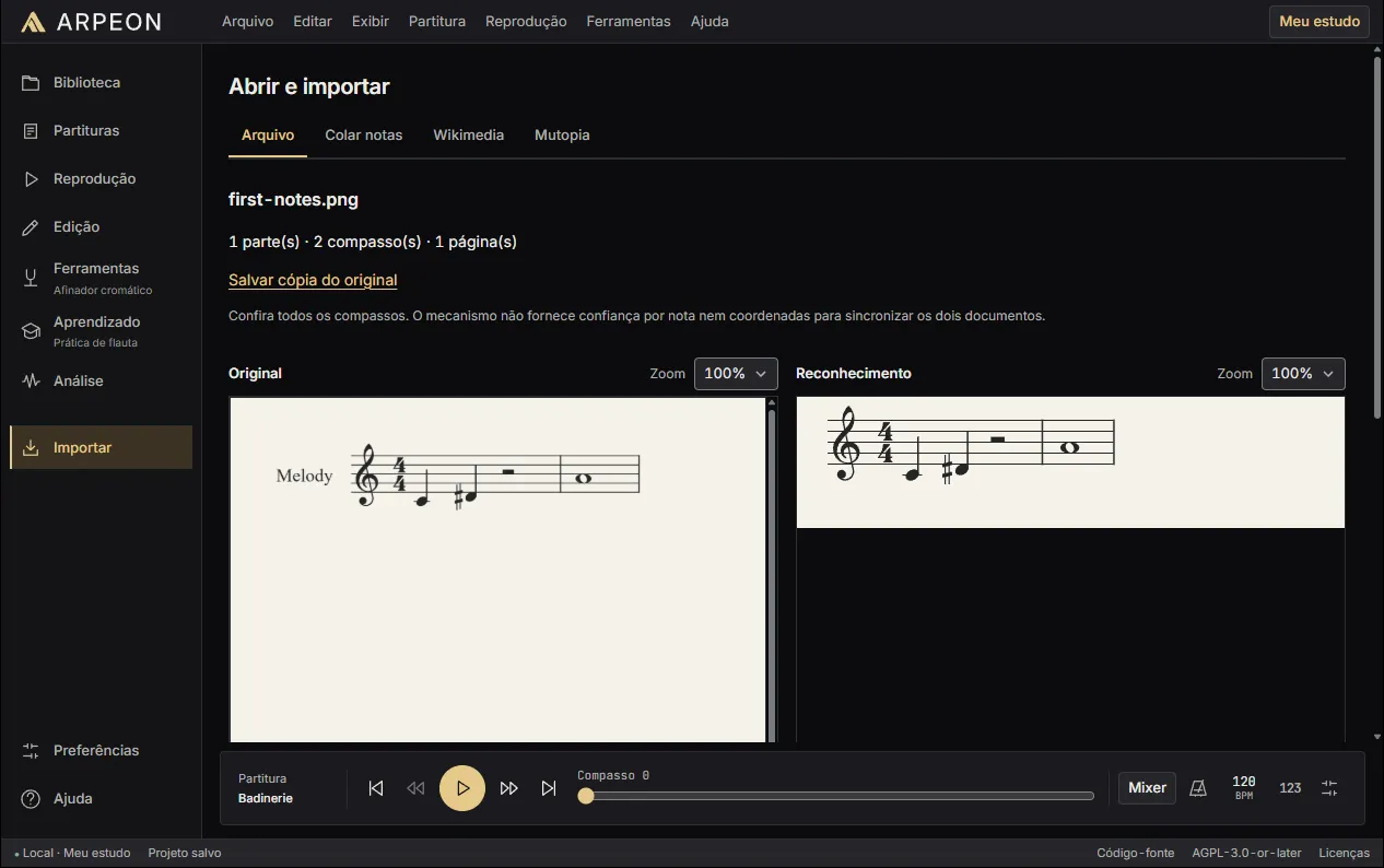 ARPEON import review comparing an original score image on the left with the notation recognized by Audiveris on the right
