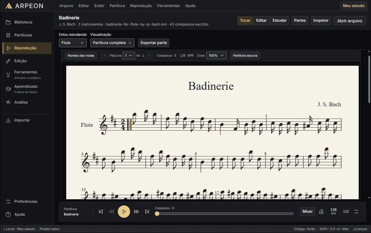 ARPEON playback view showing the full score of Bach's Badinerie for flute with the MIDI transport bar