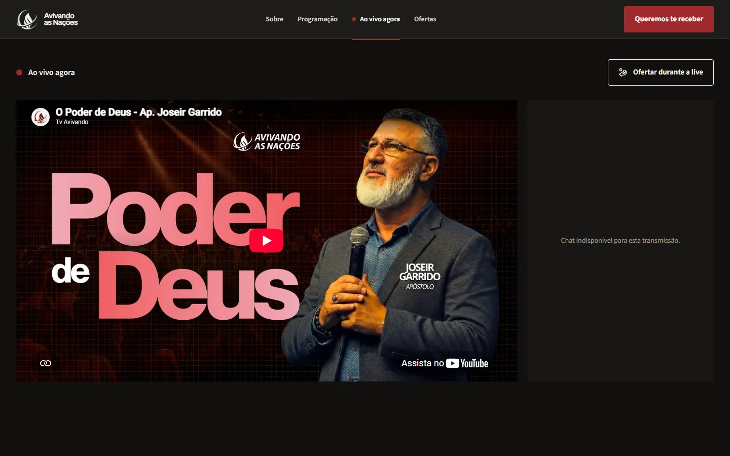 The Avivando live page in production with an embedded YouTube broadcast and a giving button